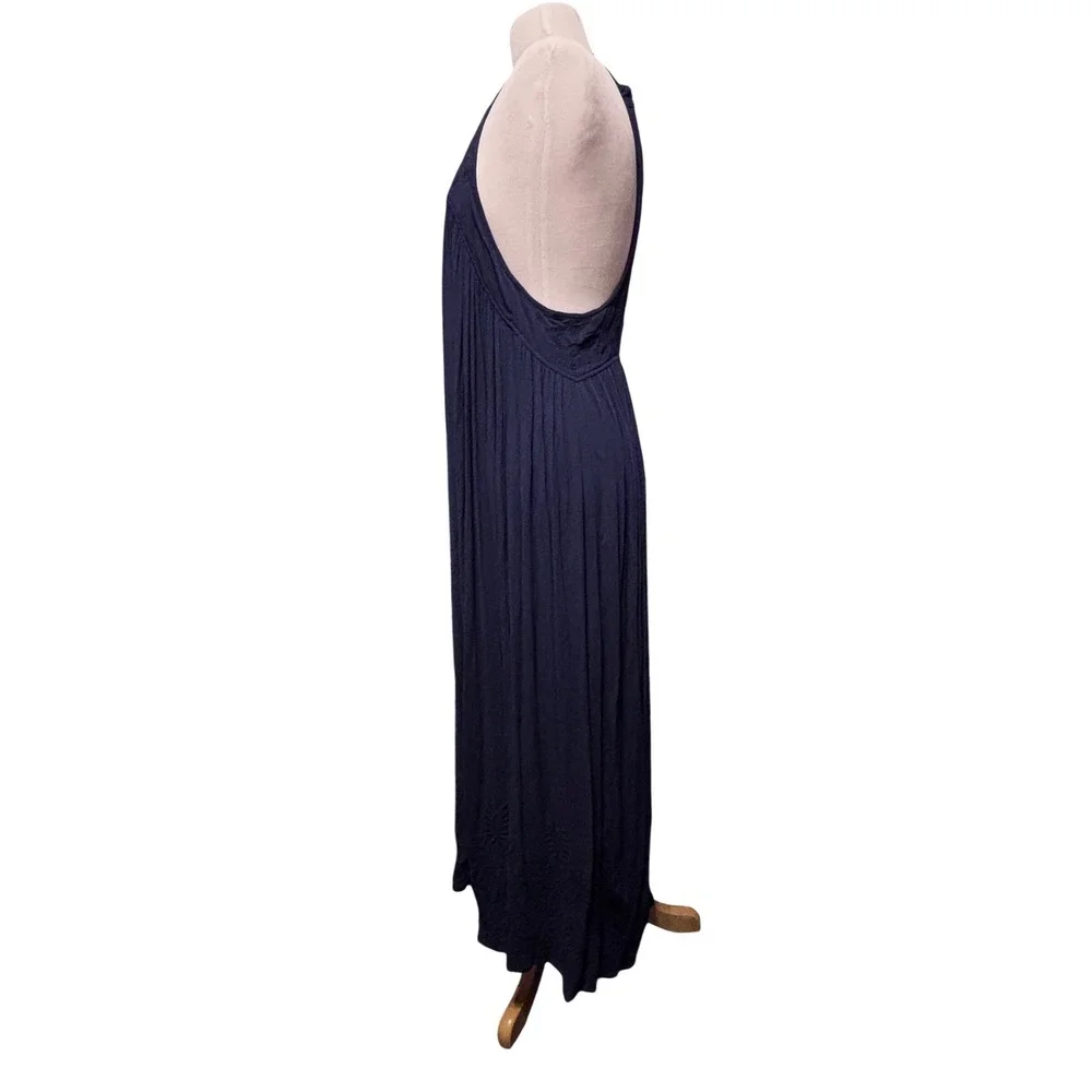 Free People Elaine Maxi Slip Navy Blue‎ Excellent Boho Embroidered T-Back Halter